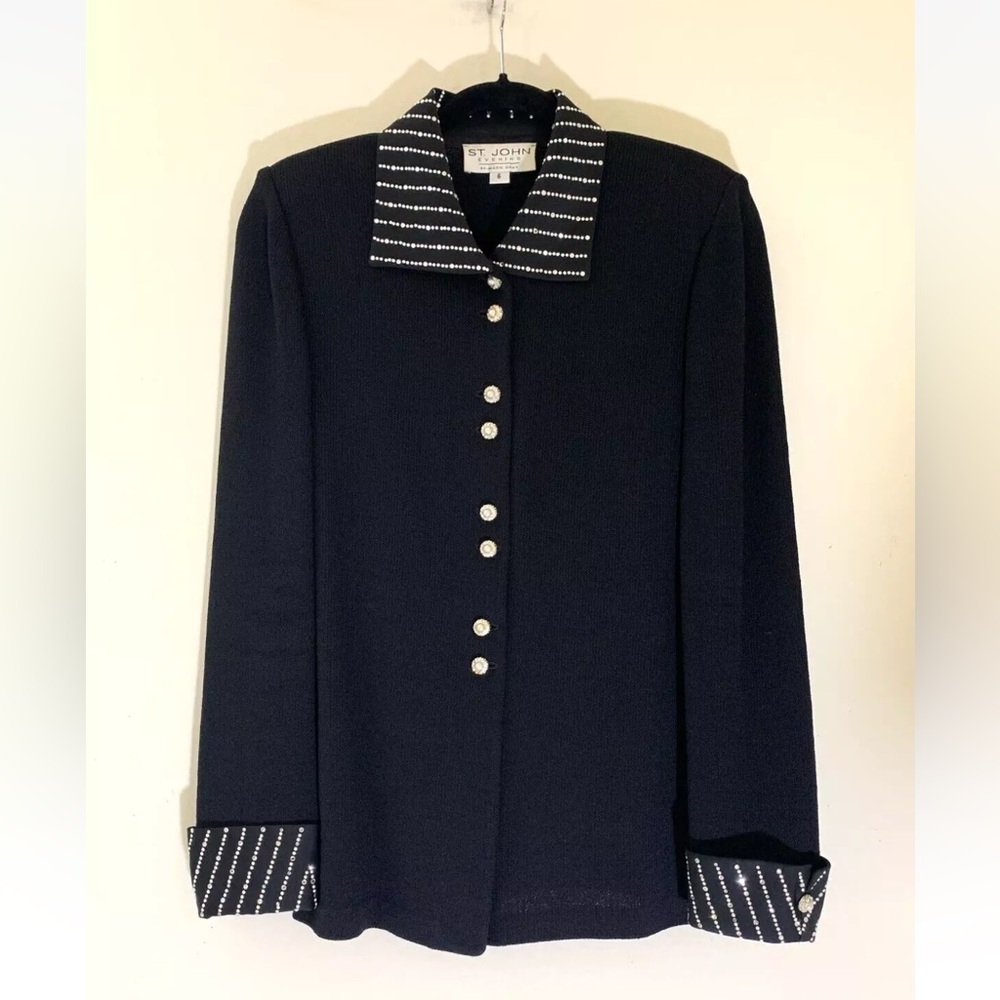 ST. JOHN Evening Black Santana Knit Jacket Embellished Collar and Cuff Size-6